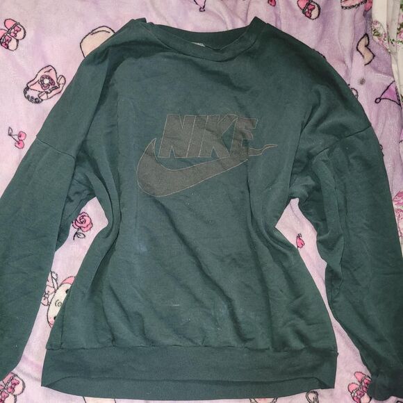 Faded Forest Green Nike Spellout Swoosh Sweatshirt Vintage 2000s Cottagecore Top - Picture 1 of 6